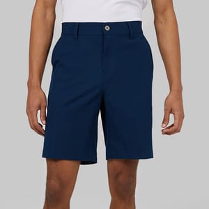 A pair of navy blue men's chino shorts.