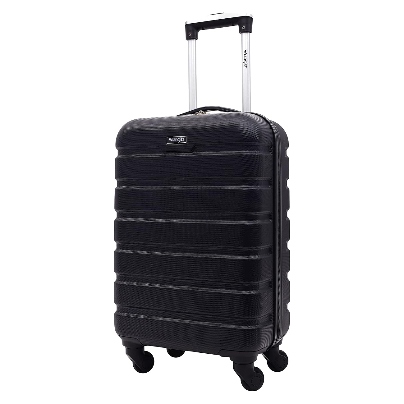 A black hardshell rolling suitcase with multiple horizontal ridges and a retractable handle.