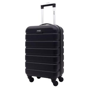 A black hardshell rolling suitcase with multiple horizontal ridges and a retractable handle.