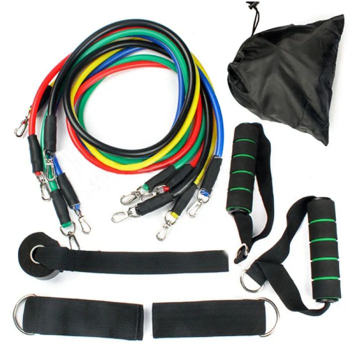 A set of colorful resistance bands with metal clips, foam handles, ankle straps, a door anchor, and a black carrying bag for portable strength training and stretching exercises.
