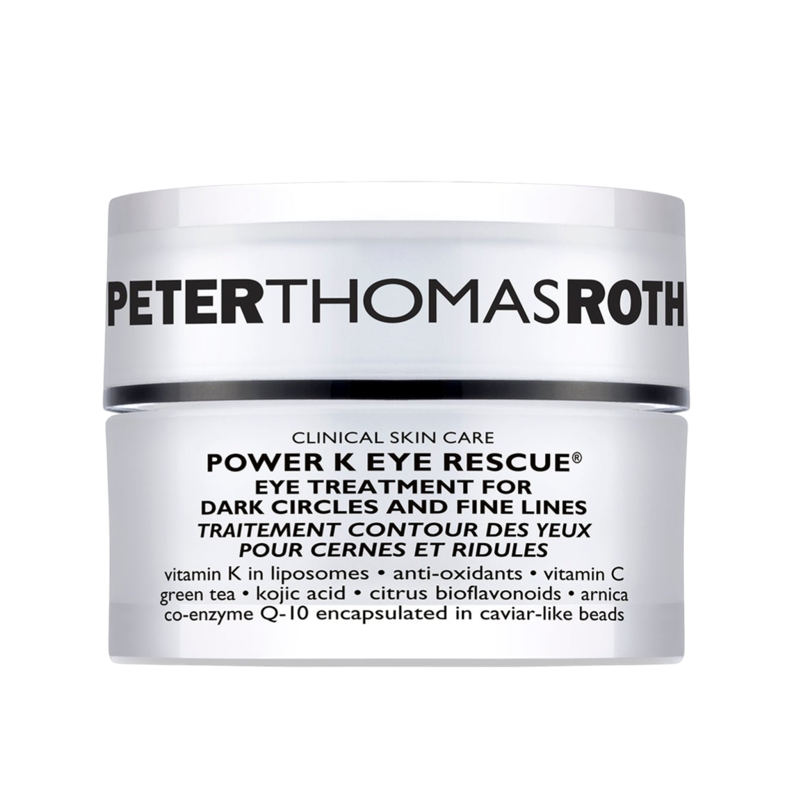 Peter Thomas Roth Power K Eye Rescue is an eye treatment designed to address dark circles and fine lines, containing vitamin K, antioxidants, vitamin C, green tea, kojic acid, and Q-10.