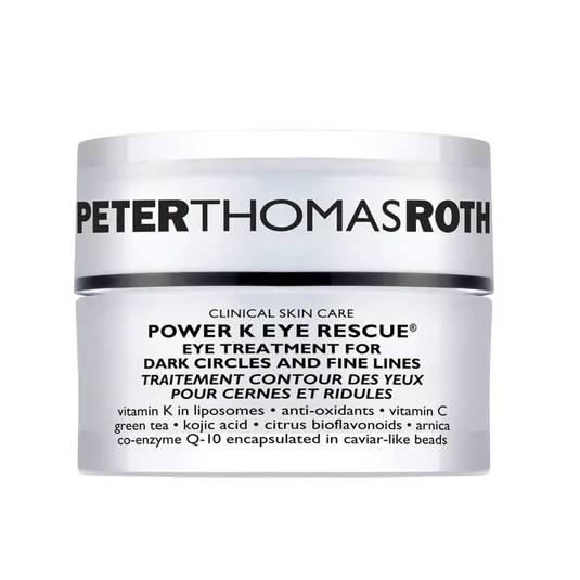 Peter Thomas Roth Power K Eye Rescue is an eye treatment designed to address dark circles and fine lines, containing vitamin K, antioxidants, vitamin C, green tea, kojic acid, and Q-10.