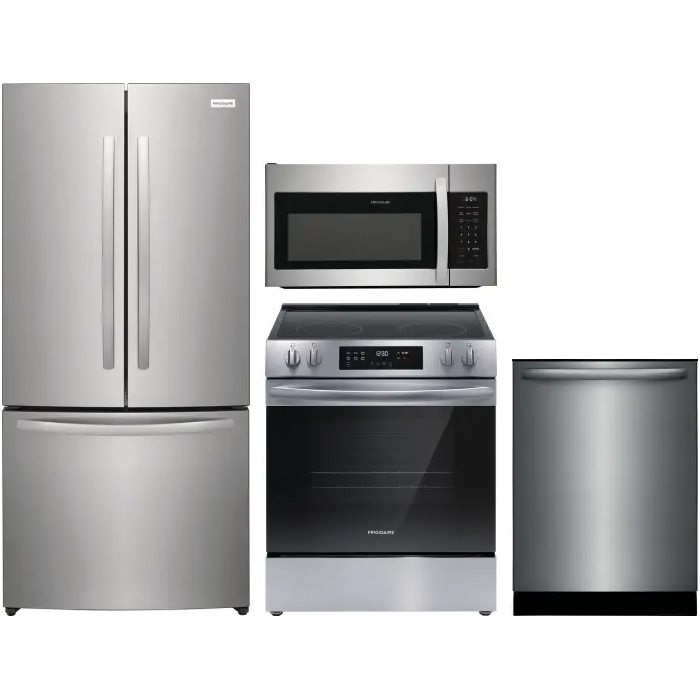 Frigidaire 4 Piece Kitchen Set: Stainless steel French door refrigerator, over-the-range microwave, freestanding electric range with smooth cooktop, and built-in dishwasher.