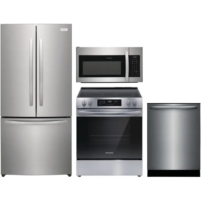 Frigidaire 4 Piece Kitchen Set: Stainless steel French door refrigerator, over-the-range microwave, freestanding electric range with smooth cooktop, and built-in dishwasher.