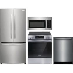 Frigidaire 4 Piece Kitchen Set: Stainless steel French door refrigerator, over-the-range microwave, freestanding electric range with smooth cooktop, and built-in dishwasher.