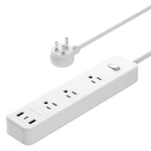 Amazon Basics Power Strip with three AC outlets and two USB ports, featuring a 3-prong plug and an on/off switch, in a slim, white design for convenient power access.