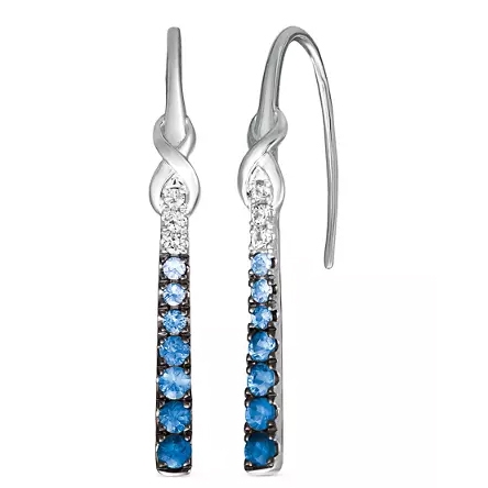 Le Vian Denim Ombre Earrings feature a sleek design with a row of gradient blue gemstones set in a vertical bar, adorned with a subtle twisting pattern at the top made of silver-tone metal.