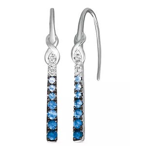 Le Vian Denim Ombre Earrings feature a sleek design with a row of gradient blue gemstones set in a vertical bar, adorned with a subtle twisting pattern at the top made of silver-tone metal.
