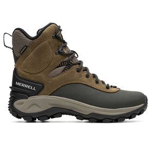 Merrell hiking boot featuring a high ankle design, durable brown and black materials, and rugged outsole for traction.