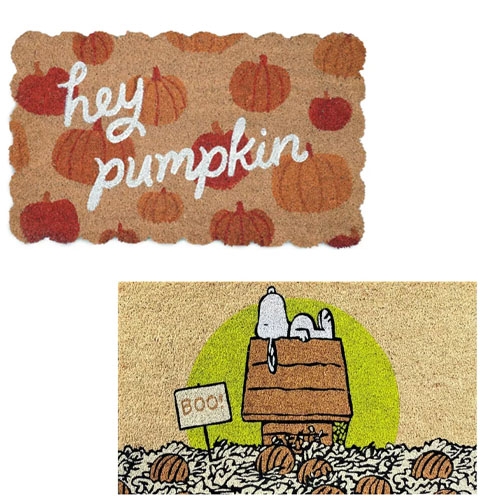 Two decorative doormats with autumn themes; one says \“hey pumpkin\“ surrounded by pumpkin illustrations, and the other features a ghost above a pumpkin patch with the word \“BOO\“.