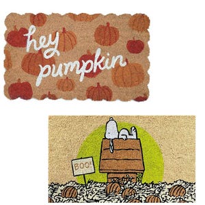 Two decorative doormats with autumn themes; one says \“hey pumpkin\“ surrounded by pumpkin illustrations, and the other features a ghost above a pumpkin patch with the word \“BOO\“.