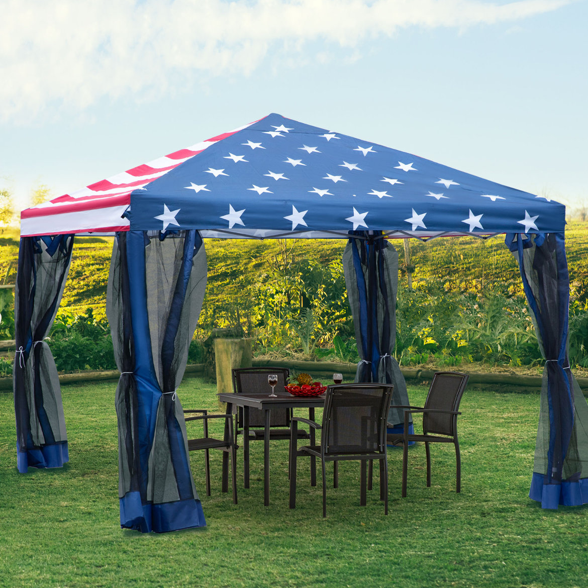 10' x 10' party tent with an American flag design featuring stars and stripes, set up over a dining table and chairs on grass, with mesh curtains on each side.