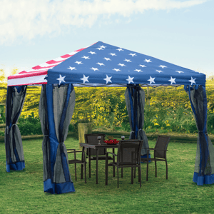 10' x 10' party tent with an American flag design featuring stars and stripes, set up over a dining table and chairs on grass, with mesh curtains on each side.