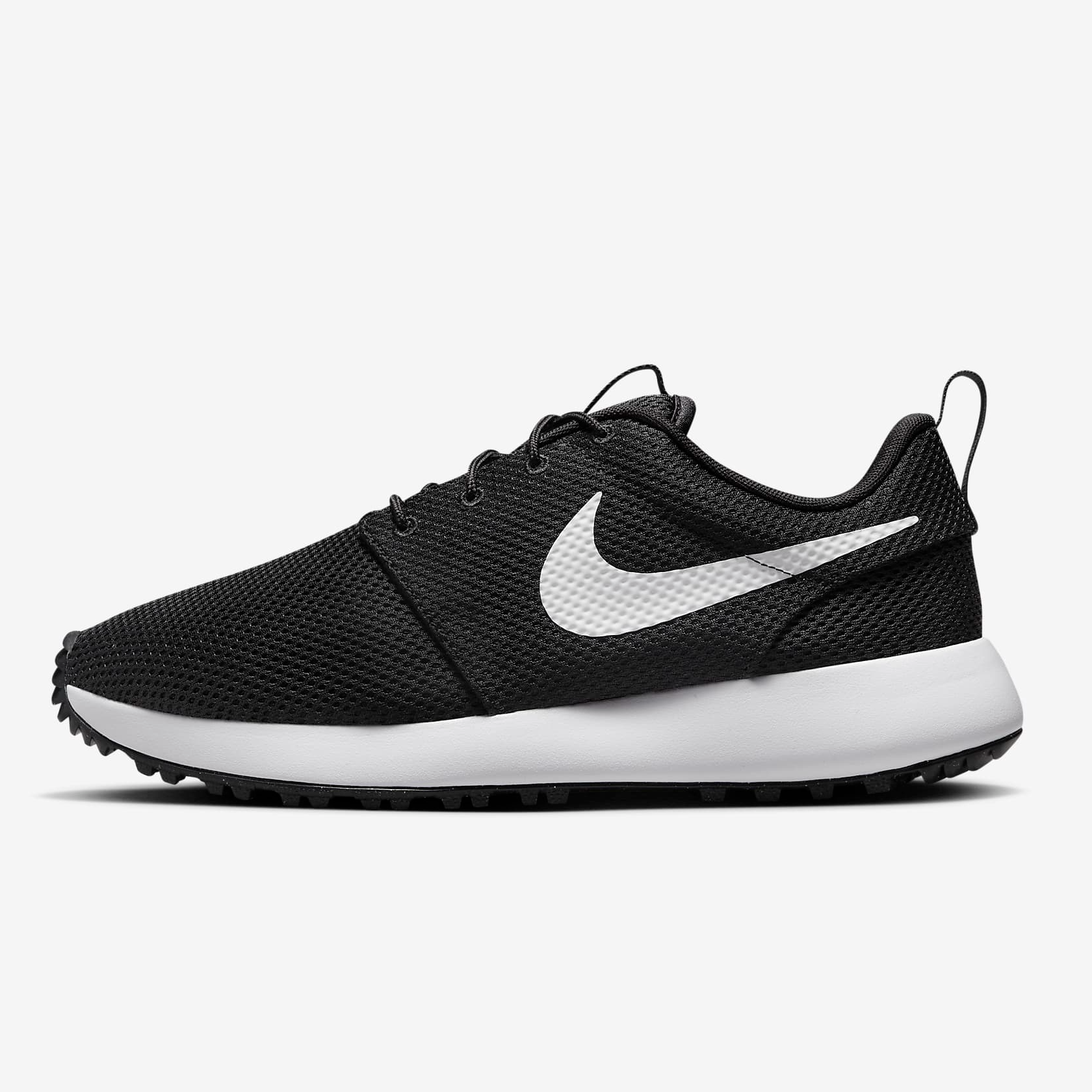 Black and white Nike Roshe running shoes with a mesh upper and a cushioned sole.