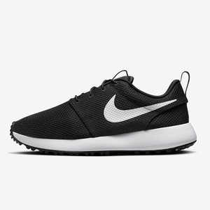 Black and white Nike Roshe running shoes with a mesh upper and a cushioned sole.