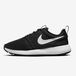 Black and white Nike Roshe running shoes with a mesh upper and a cushioned sole.