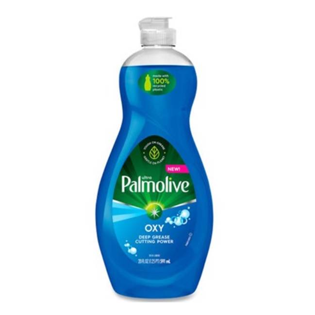 A bottle of Palmolive Ultra Oxy Power Degreaser dish soap, featuring a blue liquid and labeled as having grease-cleaning power with oxygenated action.