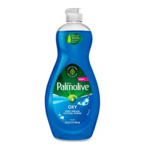 A bottle of Palmolive Ultra Oxy Power Degreaser dish soap, featuring a blue liquid and labeled as having grease-cleaning power with oxygenated action.