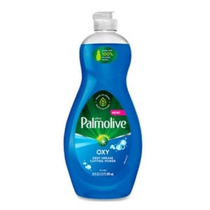 A bottle of Palmolive Ultra Oxy Power Degreaser dish soap, featuring a blue liquid and labeled as having grease-cleaning power with oxygenated action.