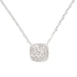 A silver necklace with a square pendant encrusted with small, sparkling stones.