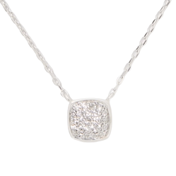 A silver necklace with a square pendant encrusted with small, sparkling stones.