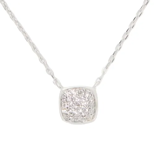 A silver necklace with a square pendant encrusted with small, sparkling stones.