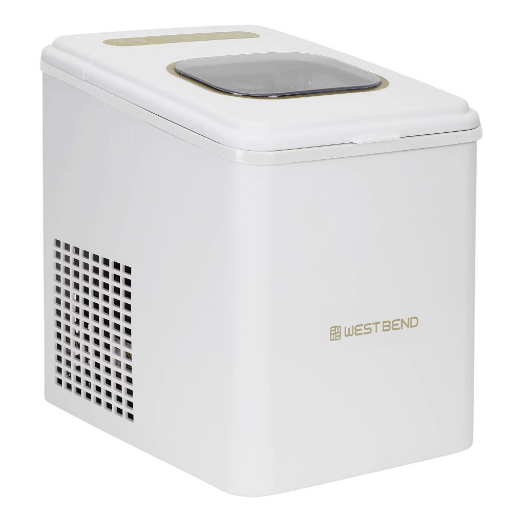 A compact countertop ice maker from West Bend, featuring a sleek white design with a transparent lid and visible air vents on the side.