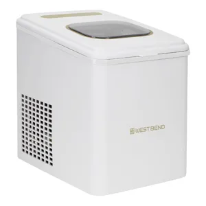 A compact countertop ice maker from West Bend, featuring a sleek white design with a transparent lid and visible air vents on the side.