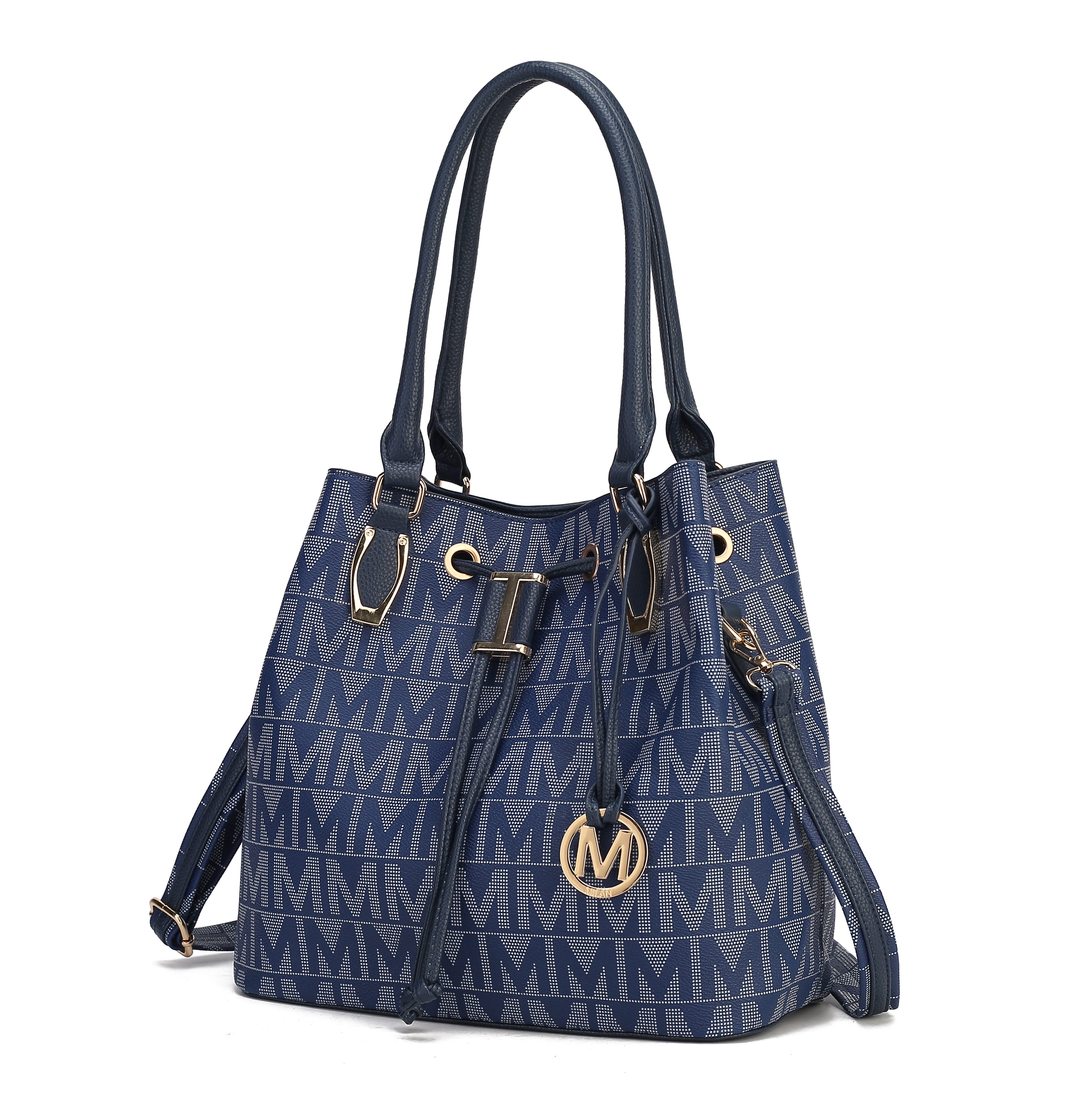 A blue handbag with \“M\“ patterns, featuring gold accents and a decorative \“M\“ charm. Equipped with dual structured handles and an adjustable strap.