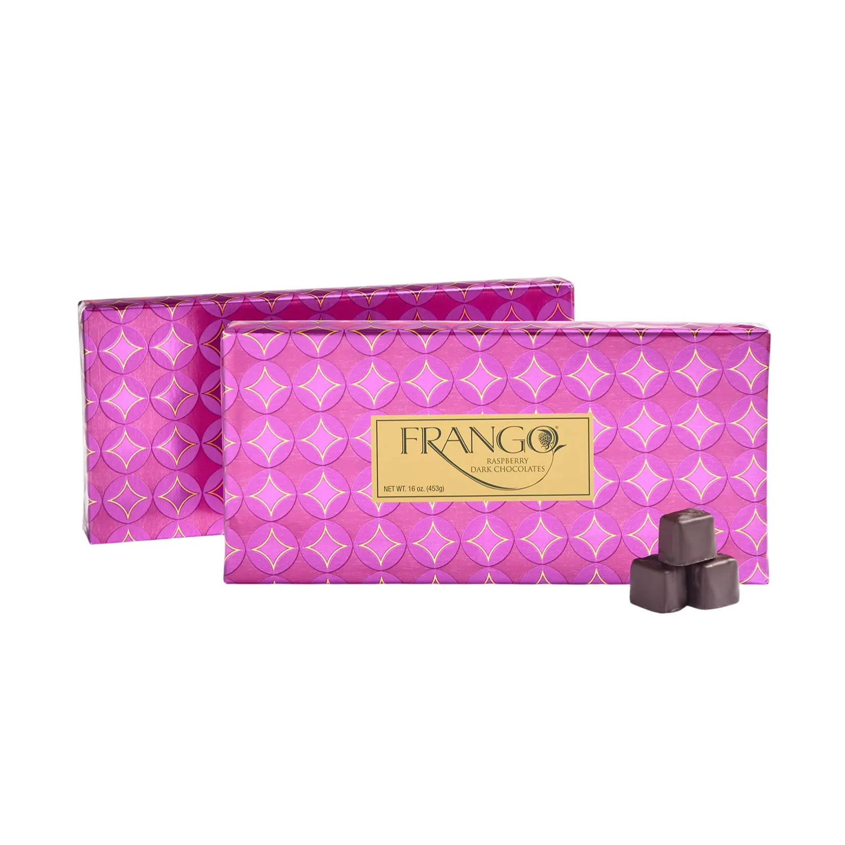 Frango Raspberry Dark Chocolates in decorative pink packaging with gold geometric patterns; includes a stack of bite-sized chocolate pieces. Net weight: 16 oz (453 g).