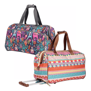 Two patterned duffle bags; one with a retractable handle and wheels, and the other with black carrying straps.