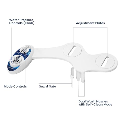 A bidet attachment with dual wash nozzles featuring self-clean mode, water pressure control knob, mode controls, adjustment plates, and a guard gate.