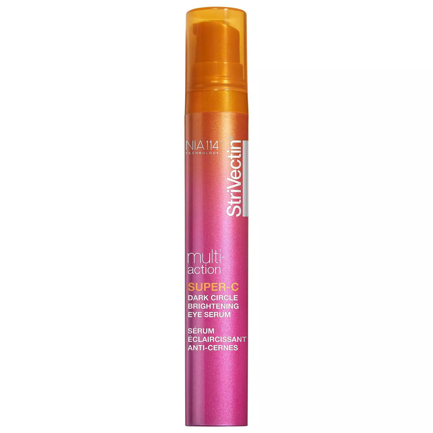 StriVectin Super-C Dark Circle Brightening Eye Serum is designed to reduce dark circles and brighten the under-eye area. The formula includes NIA-114 technology and is packaged in a pink and orange tube.