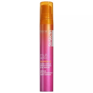 StriVectin Super-C Dark Circle Brightening Eye Serum is designed to reduce dark circles and brighten the under-eye area. The formula includes NIA-114 technology and is packaged in a pink and orange tube.