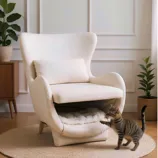 A cozy cream-colored chair with a built-in pet bed at its base sits on a circular rug, while a tabby cat plays nearby. The setting is accented with green plants and a wooden cabinet.