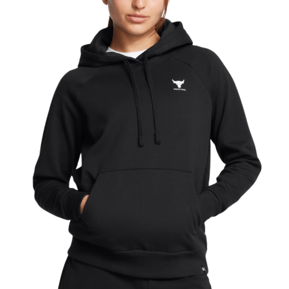 A black hoodie featuring a small bull logo with \“Project Rock\“ text on the chest, worn by a person with hands in the kangaroo pocket.