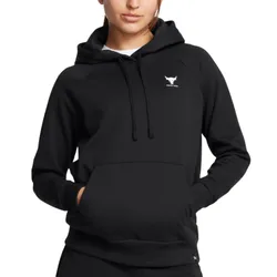 A black hoodie featuring a small bull logo with \“Project Rock\“ text on the chest, worn by a person with hands in the kangaroo pocket.