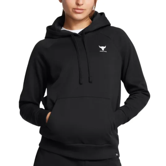 A black hoodie featuring a small bull logo with \“Project Rock\“ text on the chest, worn by a person with hands in the kangaroo pocket.