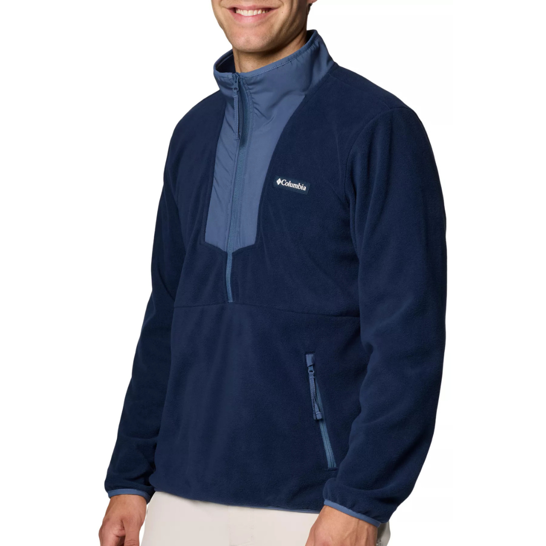 Navy pullover fleece with light blue accents, featuring a zippered pocket and Columbia logo on the chest.