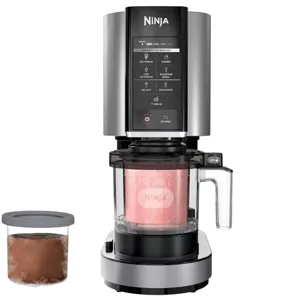 A Ninja ice cream maker with \“Creamify Technology\“ showing options for ice cream, sorbet, gelato, and more, alongside an additional frozen container.
