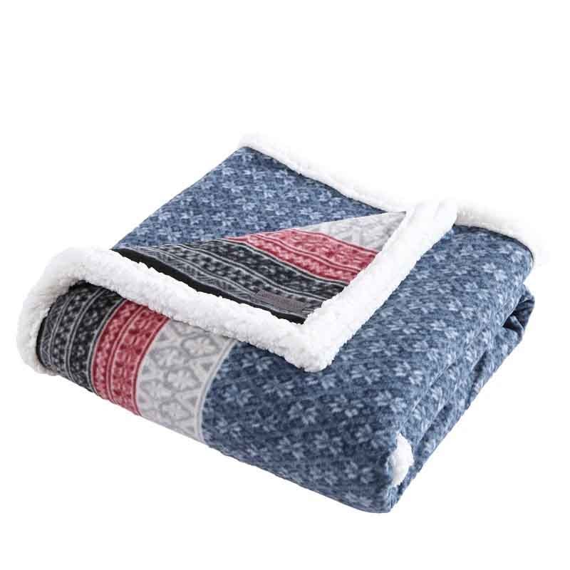 Eddie Bauer Faux-Shearling Throw features a soft fabric with a sherpa backing, displaying a patterned design in blue, red, and gray tones, making it visually cozy and warm.