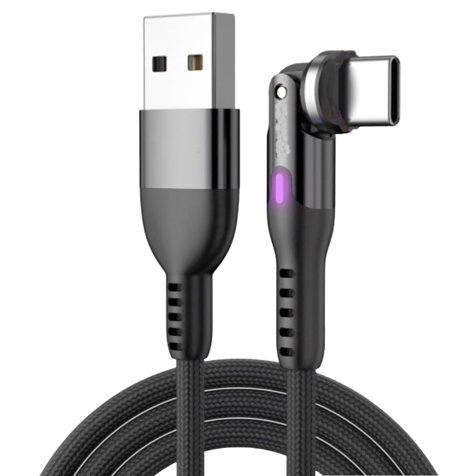A USB to USB-C rotating charging cable featuring a 90-degree angled connector and a braided design for durability. It includes a small light indicator on the USB-C end.