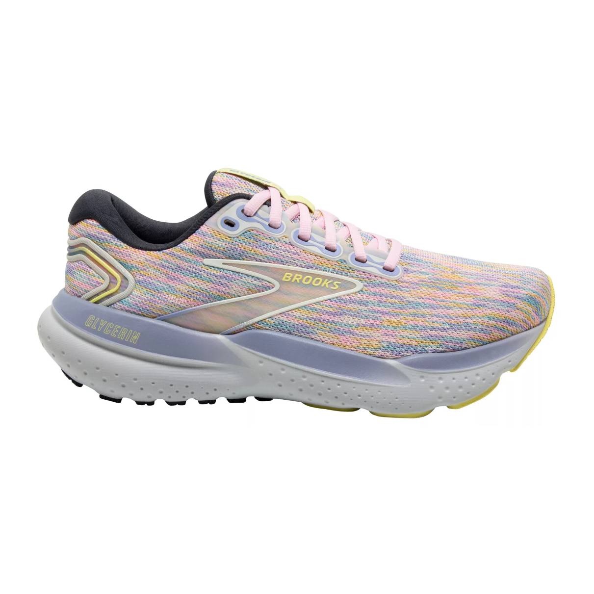 A multicolored Brooks Glycerin running shoe with pink laces and branding.