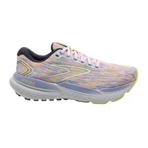 A multicolored Brooks Glycerin running shoe with pink laces and branding.