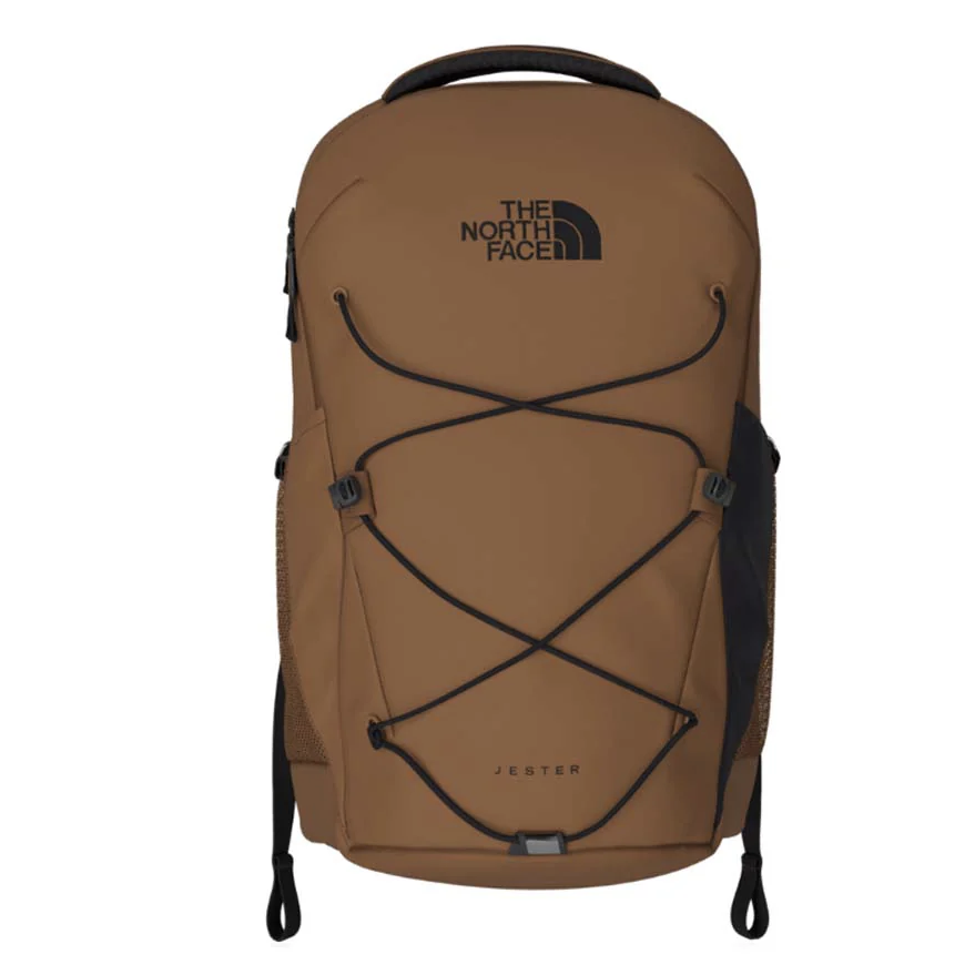 Brown The North Face Jester backpack with a front bungee system, top handle, and mesh side pockets.