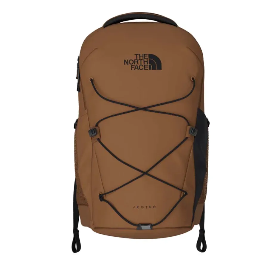 Brown The North Face Jester backpack with a front bungee system, top handle, and mesh side pockets.