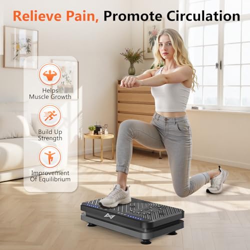 A woman exercises on a vibration platform that aims to relieve pain, promote circulation, aid muscle growth, build strength, and improve equilibrium.