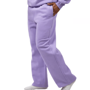 Light purple straight-leg sweatpants with a relaxed fit. Featured pockets and subtle text embroidery near the pocket.