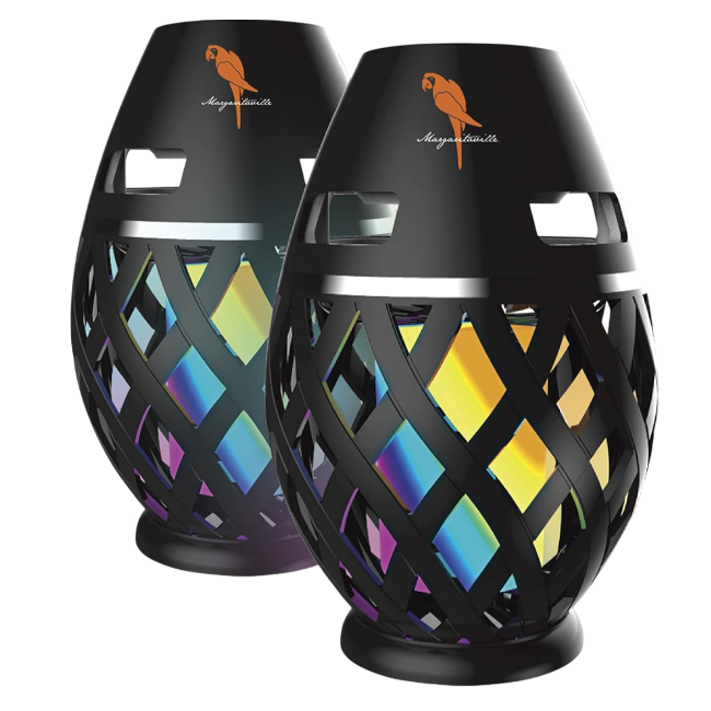 Two black Bluetooth Tiki Torch Speakers with a lattice design and multicolored lights, featuring a parrot logo on top.