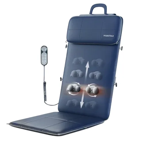 Deep tissue massage seat cushion with adjustable nodes and a remote control, designed for back and seat relaxation.